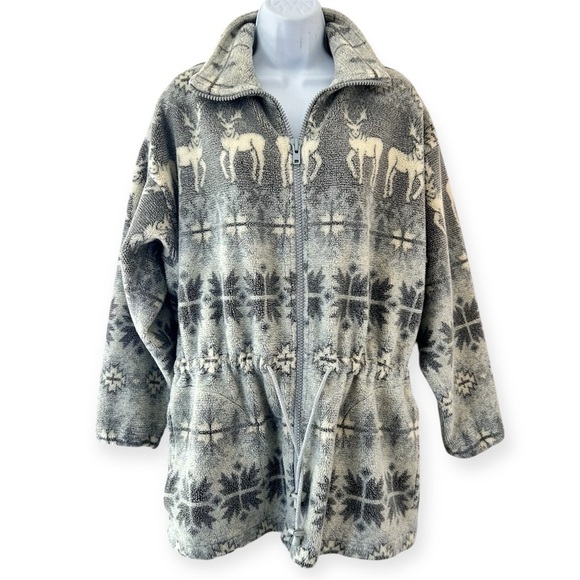 SUNBUSTER Vintage 90s Fleece Deer Aztec All Over Print Zip Parka Jacket S/M - Picture 1 of 9
